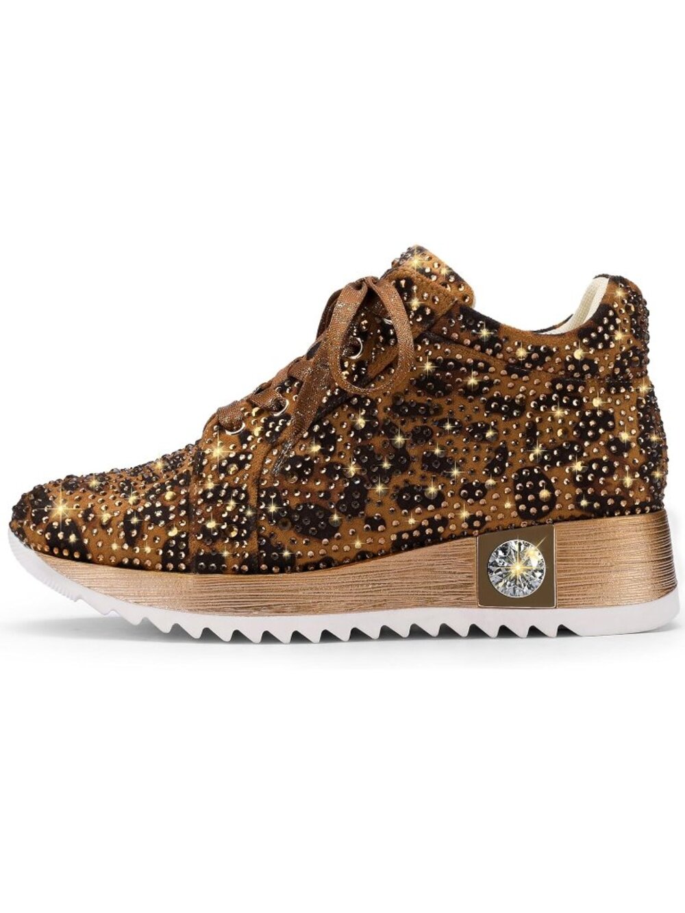 Women's Leopard Glitter Sneakers Platform Wedge Shoes Sparkly Rhinestone - Picture 4 of 6